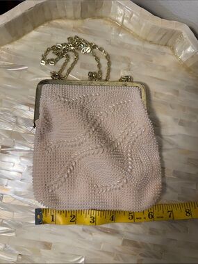 Beaded cream Evening Clutch with Gold Chain